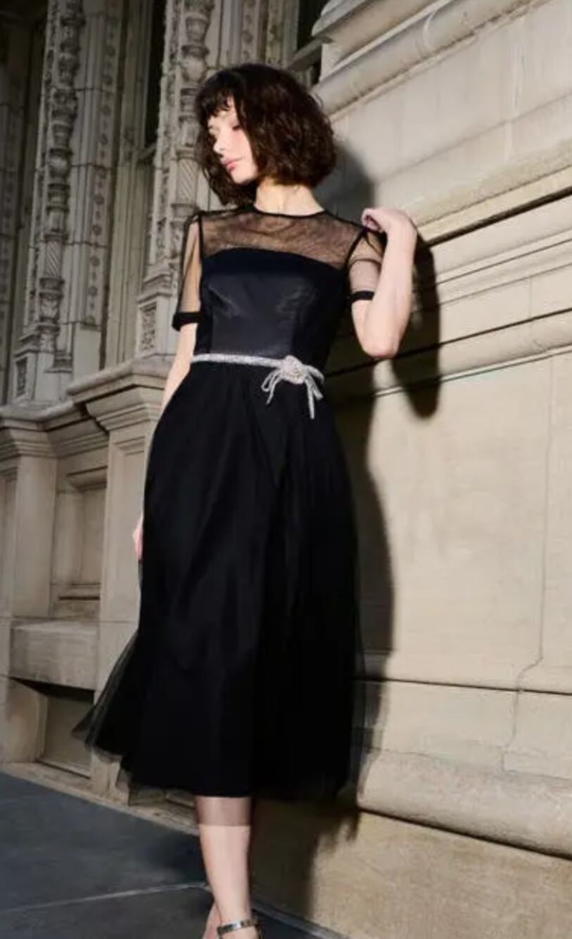 Emily Shalant Tulle Overlay Illusion Midi Cocktail Dress 2 NWOT Black Jewel
